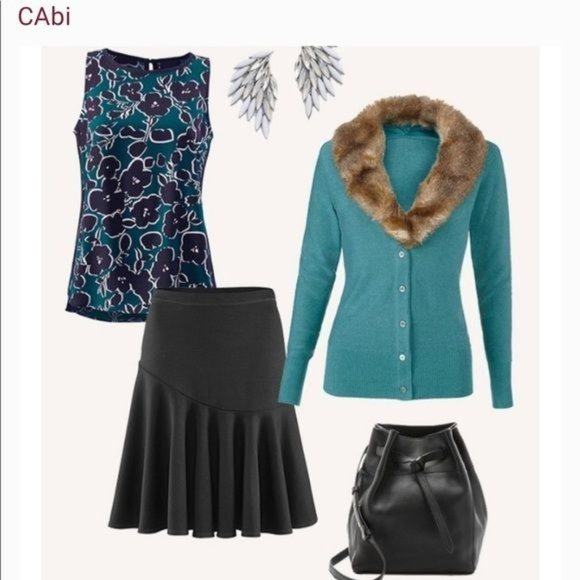 CAbi Tearoom Cardigan w/faux fur collar removable Medium Teal Green EUC - Picture 9 of 14